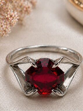 Vintage ESPO Sterling Silver Ruby Glass Ring 925 Modernist Size 5